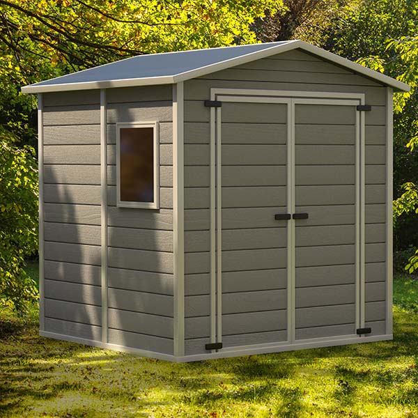Gardening tools storage shed in the house backyard on green trees background. 3d illustration